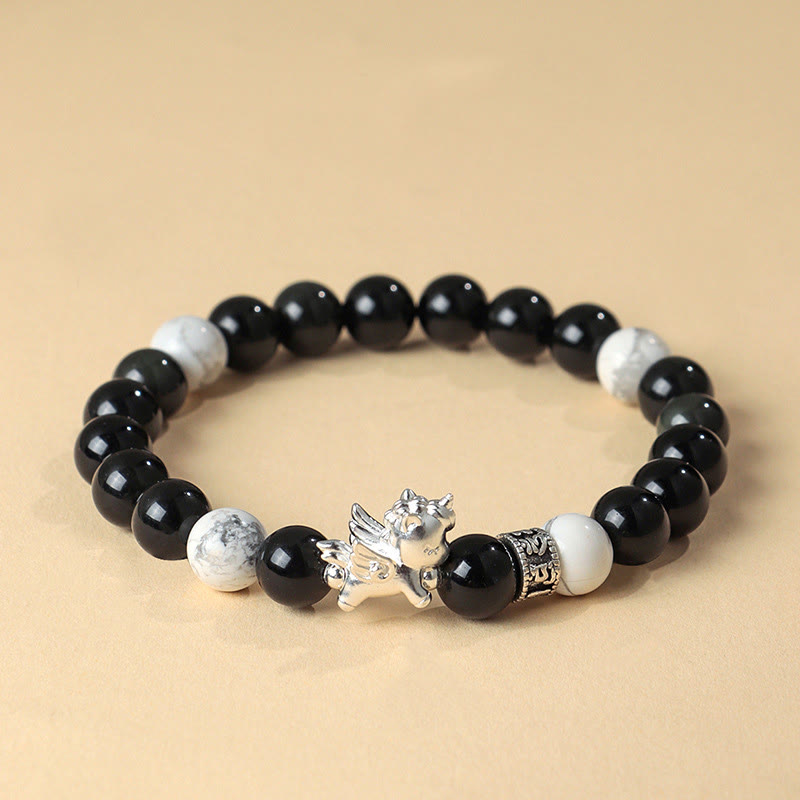 Bracciale Buddha Stones in argento sterling 999 con ossidiana nera naturale e seme di Bodhi, simbolo della forza dell'anno del cavallo - Ossidiana nera (Circonferenza del polso: 13-15 cm) - image 0