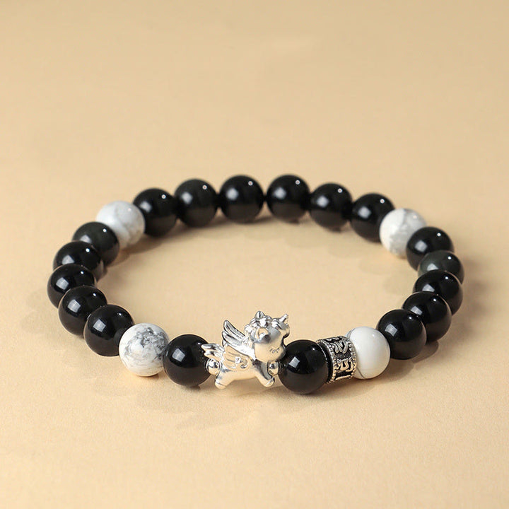 Bracciale Buddha Stones in argento sterling 999 con ossidiana nera naturale e seme di Bodhi, simbolo della forza dell'anno del cavallo - Ossidiana nera (Circonferenza del polso: 13-15 cm) - image 0