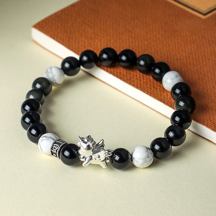 Bracciale Buddha Stones in argento sterling 999 con ossidiana nera naturale e seme di Bodhi, simbolo della forza dell'anno del cavallo - image 2