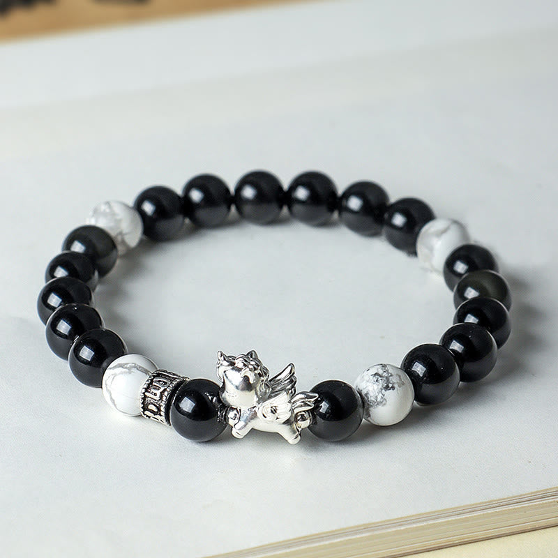 Bracciale Buddha Stones in argento sterling 999 con ossidiana nera naturale e seme di Bodhi, simbolo della forza dell'anno del cavallo - image 3