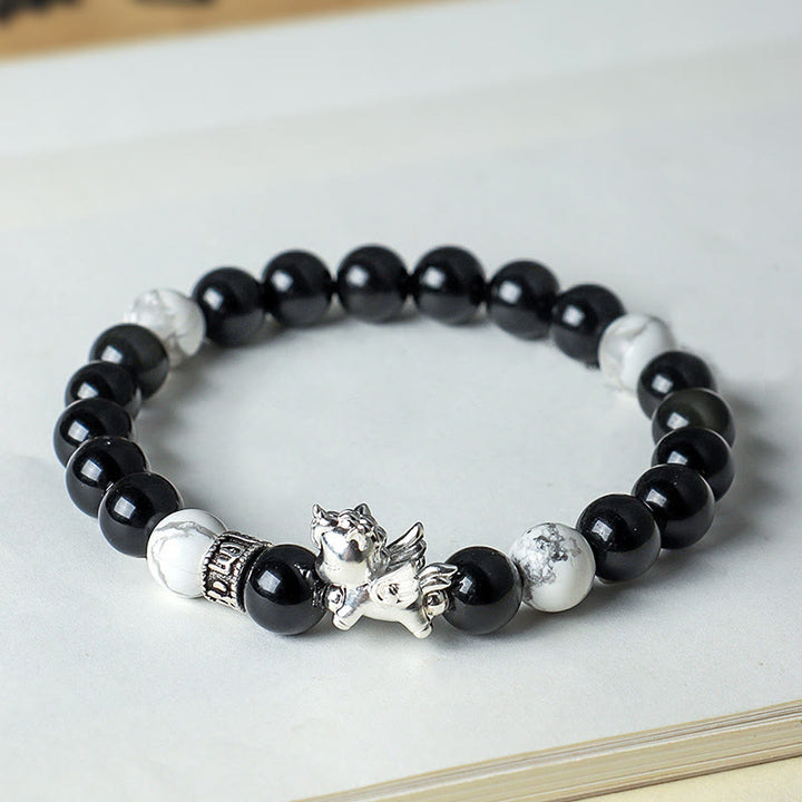 Bracciale Buddha Stones in argento sterling 999 con ossidiana nera naturale e seme di Bodhi, simbolo della forza dell'anno del cavallo - image 3