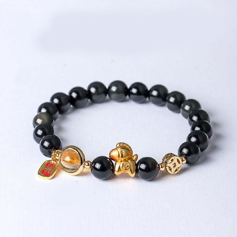 Bracciale Buddha Stones Anno del Cavallo Naturale 8mm Ossidiana Nera Agata Rossa Cristallo Rosa Forza - Ossidiana nera (Circonferenza del polso: 13-15 cm) - image 0
