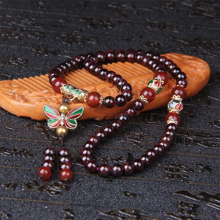 Bracciale multistrato Buddha Stones in granato naturale, agata rossa, farfalla colorata, purificazione e calma - image 4
