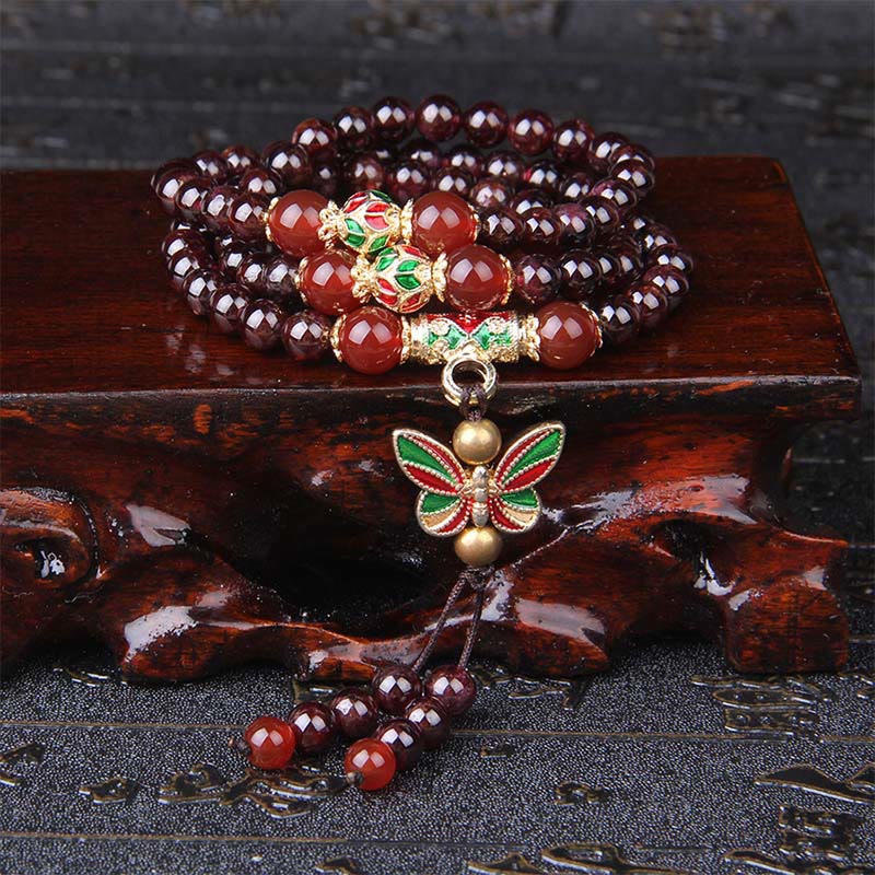 Bracciale multistrato Buddha Stones in granato naturale, agata rossa, farfalla colorata, purificazione e calma - image 1