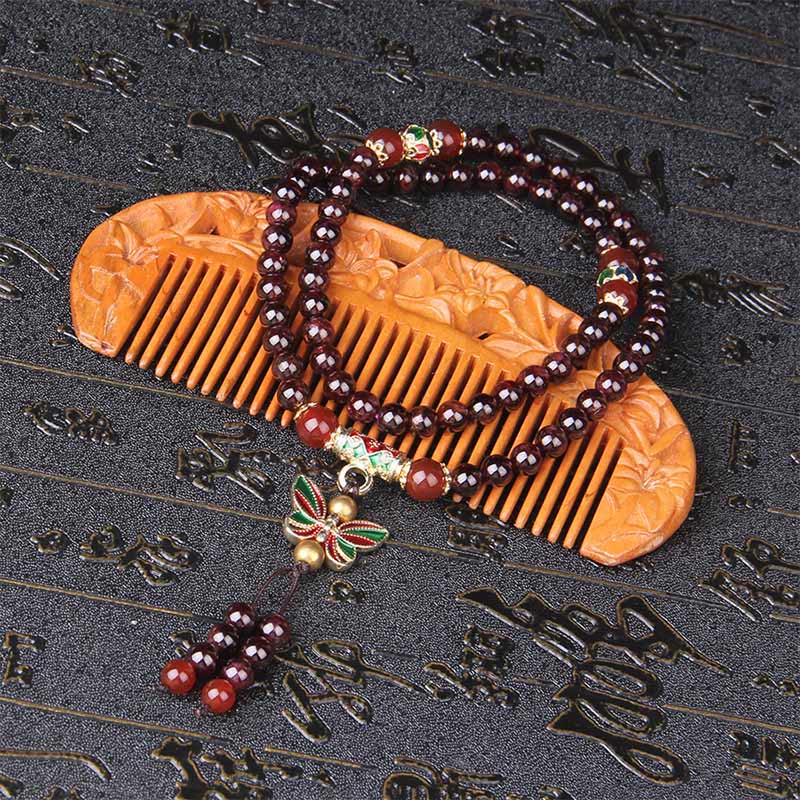 Bracciale multistrato Buddha Stones in granato naturale, agata rossa, farfalla colorata, purificazione e calma - image 2