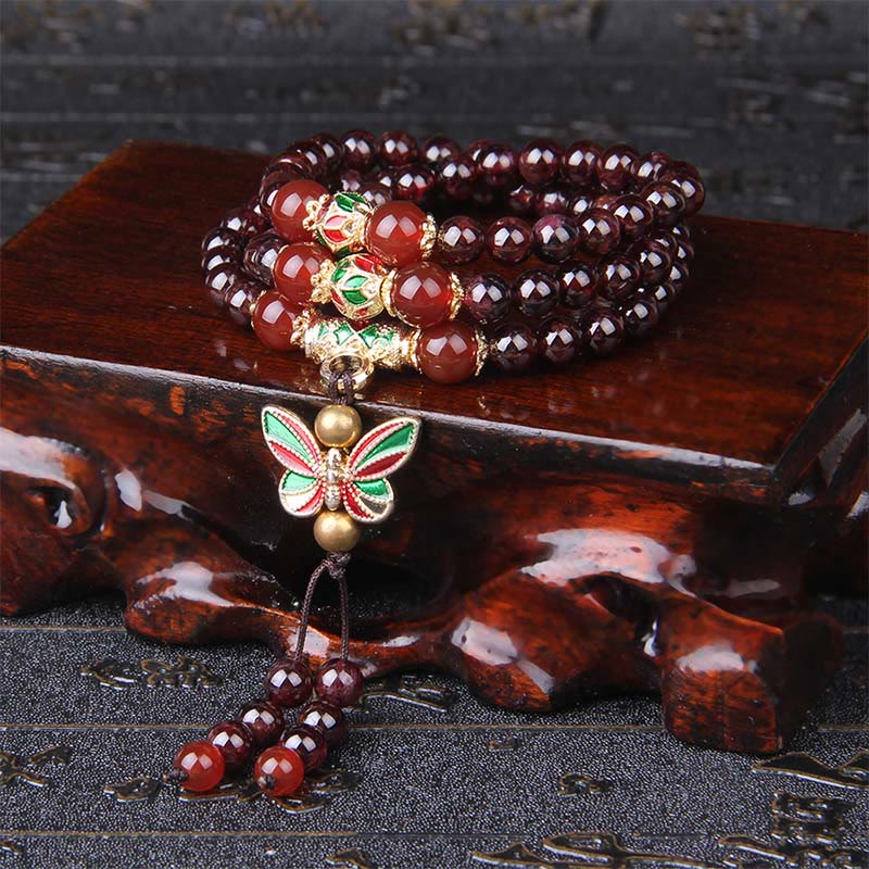 Bracciale multistrato Buddha Stones in granato naturale, agata rossa, farfalla colorata, purificazione e calma - Granato e agata rossa (circonferenza del polso: 14-18 cm) - image 0