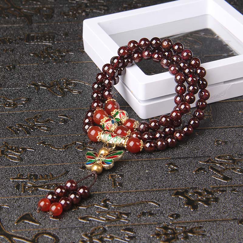 Bracciale multistrato Buddha Stones in granato naturale, agata rossa, farfalla colorata, purificazione e calma - image 3