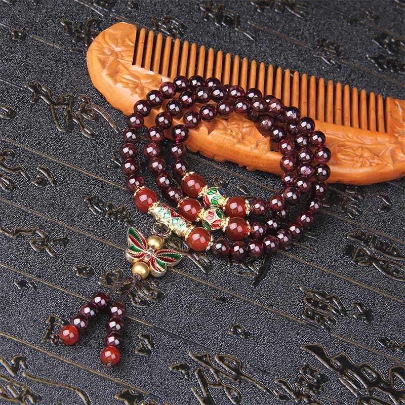 Bracciale multistrato Buddha Stones in granato naturale, agata rossa, farfalla colorata, purificazione e calma - image 8