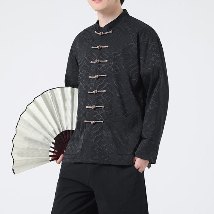 Giacca da uomo in cotone a maniche lunghe con tasche e motivo a onde di montagna con bottoni a rana Buddha Stones - Nero - US/UK/AU46, EU56 (5XL) - image 9