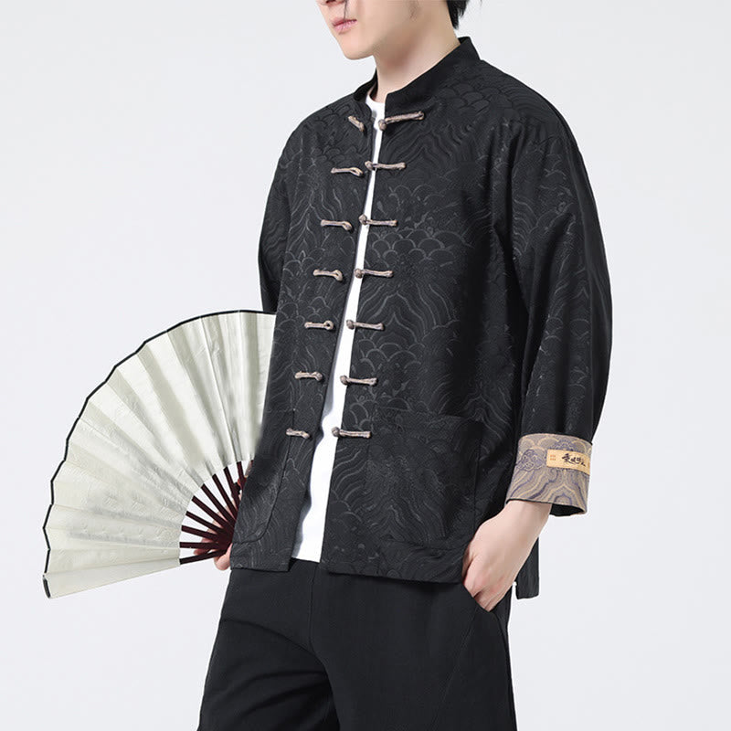 Giacca da uomo in cotone a maniche lunghe con tasche e motivo a onde di montagna con bottoni a rana Buddha Stones - image 12