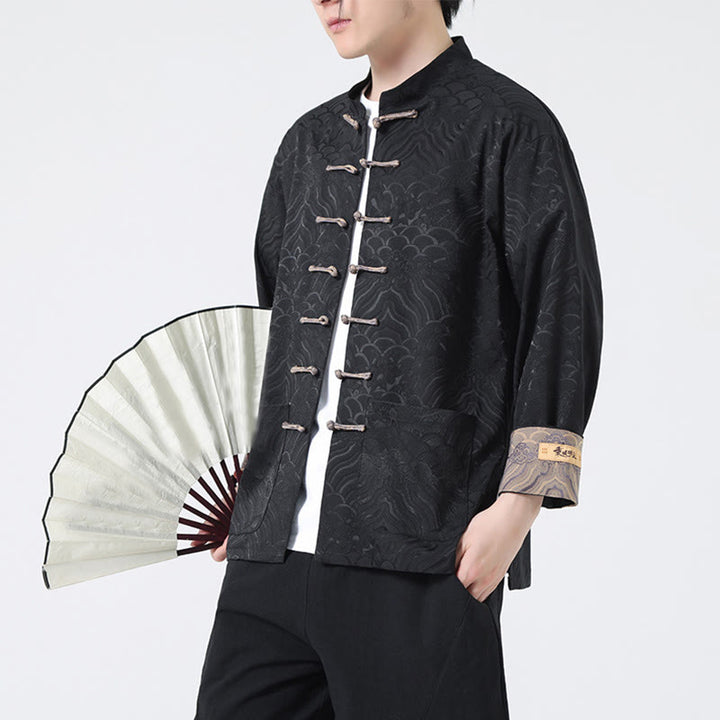 Giacca da uomo in cotone a maniche lunghe con tasche e motivo a onde di montagna con bottoni a rana Buddha Stones - image 12