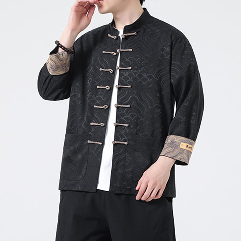 Giacca da uomo in cotone a maniche lunghe con tasche e motivo a onde di montagna con bottoni a rana Buddha Stones - image 13