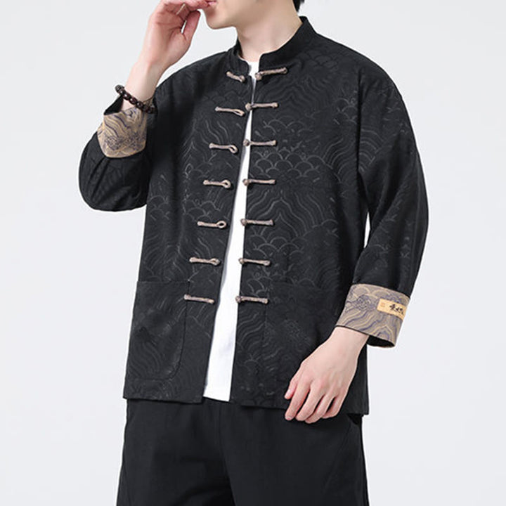 Giacca da uomo in cotone a maniche lunghe con tasche e motivo a onde di montagna con bottoni a rana Buddha Stones - image 13