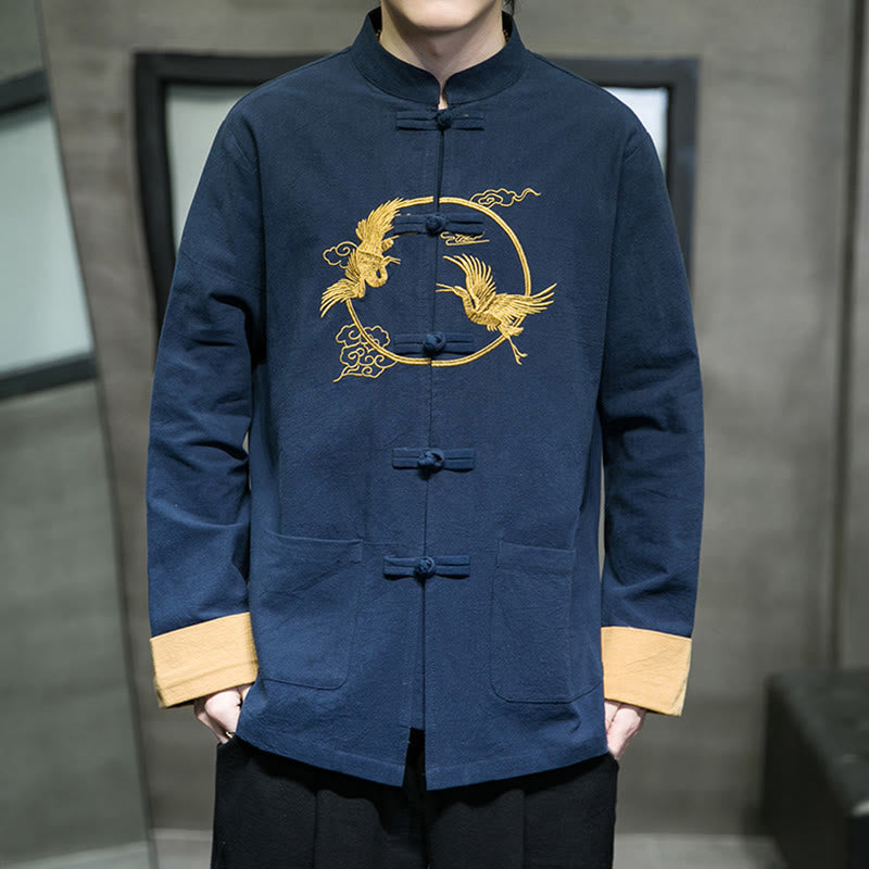 Giacca da uomo in cotone a maniche lunghe con bottoni a rana, ricamo Buddha Stones, motivo gru e tasche - Blu scuro - US/UK/AU46, EU56 (5XL) - image 29