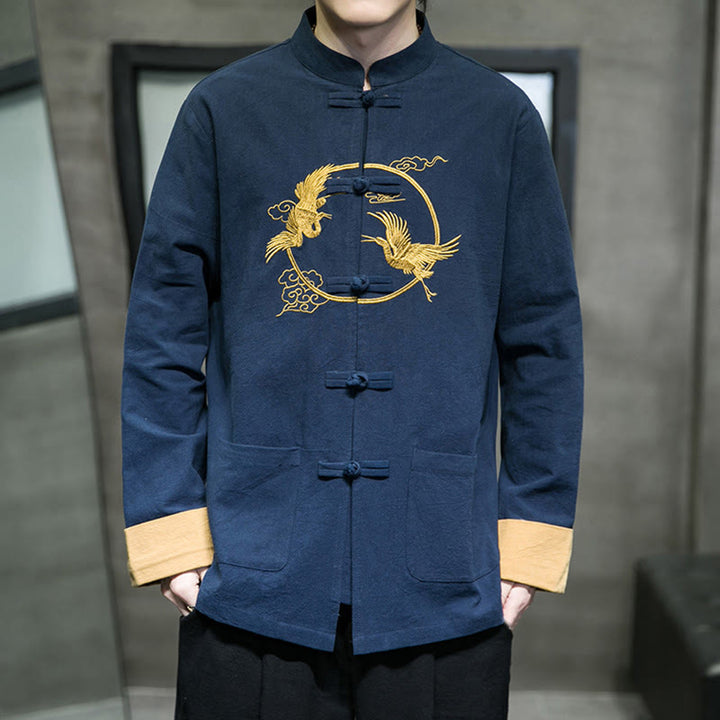 Giacca da uomo in cotone a maniche lunghe con bottoni a rana, ricamo Buddha Stones, motivo gru e tasche - Blu scuro - US/UK/AU46, EU56 (5XL) - image 29