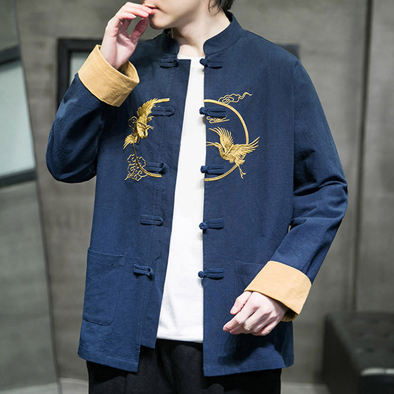 Giacca da uomo in cotone a maniche lunghe con bottoni a rana, ricamo Buddha Stones, motivo gru e tasche - image 31