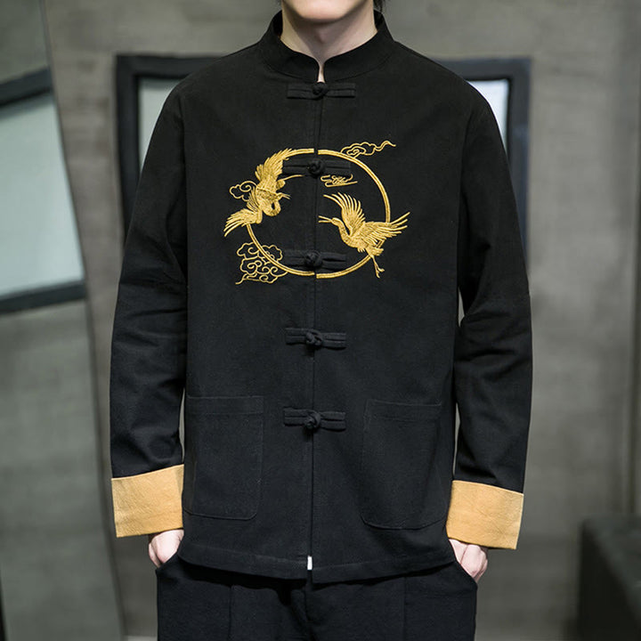 Giacca da uomo in cotone a maniche lunghe con bottoni a rana, ricamo Buddha Stones, motivo gru e tasche - Nero - US/UK/AU46, EU56 (5XL) - image 19