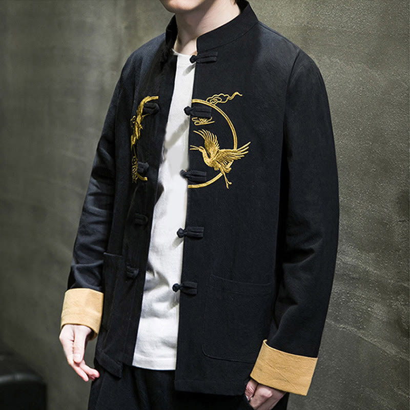 Giacca da uomo in cotone a maniche lunghe con bottoni a rana, ricamo Buddha Stones, motivo gru e tasche - image 25