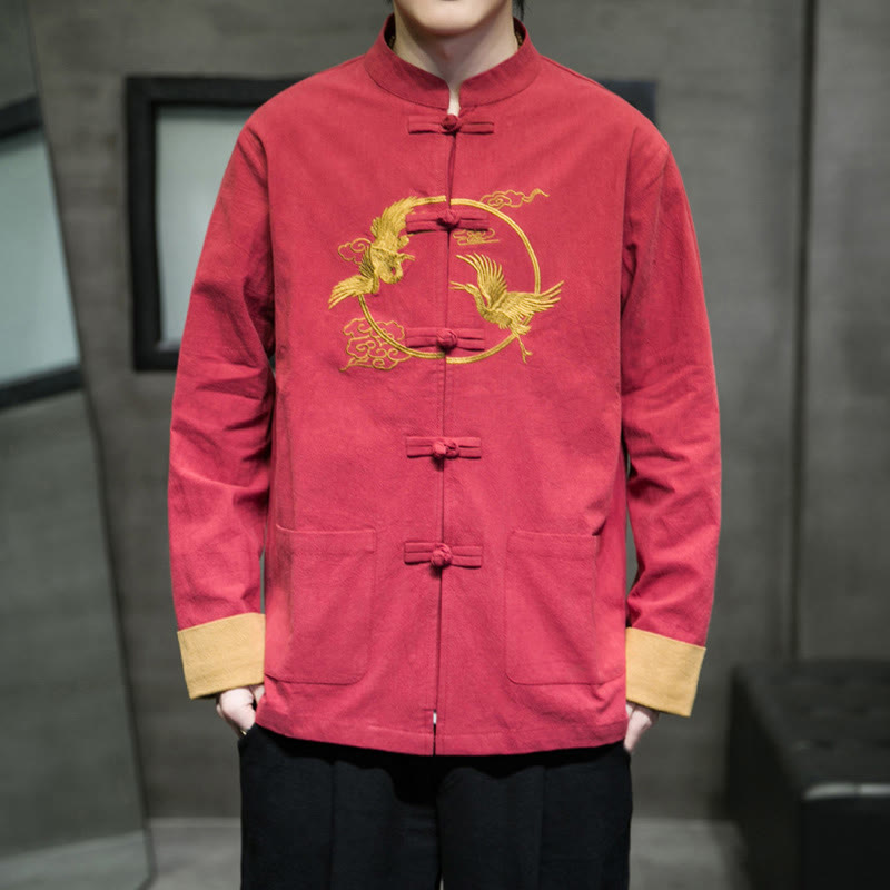 Giacca da uomo in cotone a maniche lunghe con bottoni a rana, ricamo Buddha Stones, motivo gru e tasche - image 1