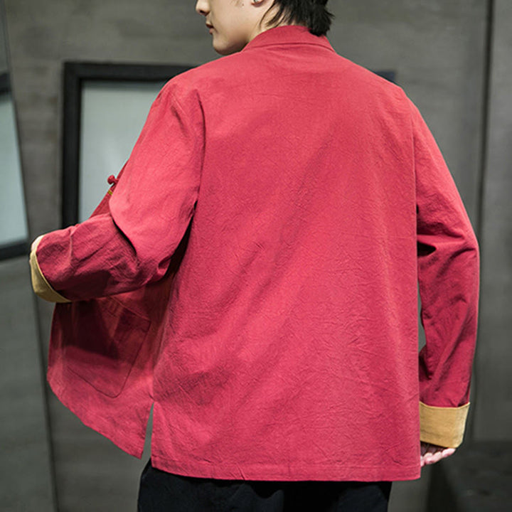 Giacca da uomo in cotone a maniche lunghe con bottoni a rana, ricamo Buddha Stones, motivo gru e tasche - image 4