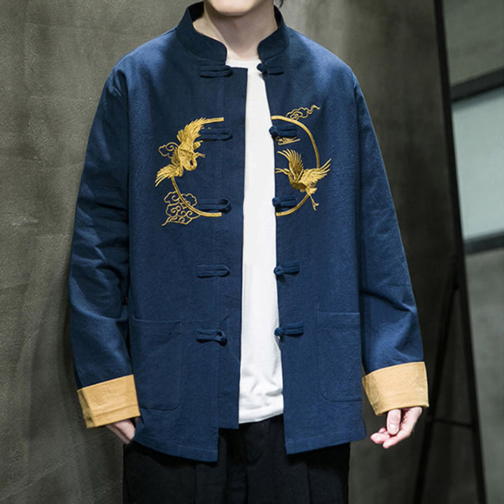 Giacca da uomo in cotone a maniche lunghe con bottoni a rana, ricamo Buddha Stones, motivo gru e tasche - image 35