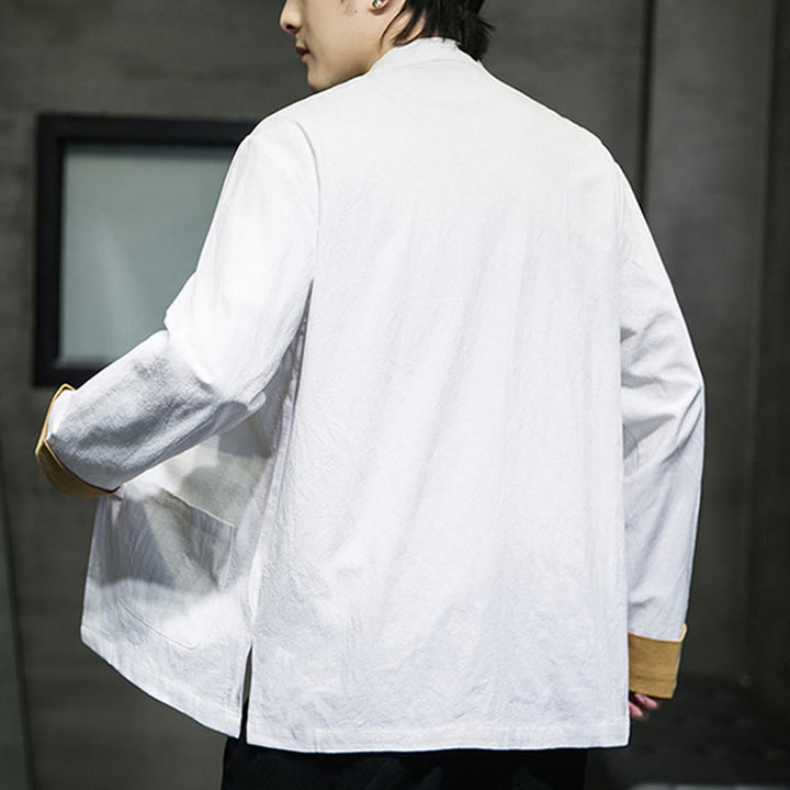 Giacca da uomo in cotone a maniche lunghe con bottoni a rana, ricamo Buddha Stones, motivo gru e tasche - image 10