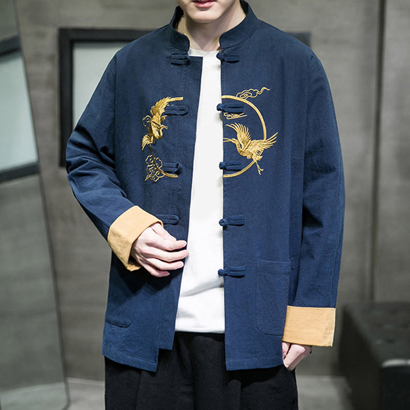 Giacca da uomo in cotone a maniche lunghe con bottoni a rana, ricamo Buddha Stones, motivo gru e tasche - image 32