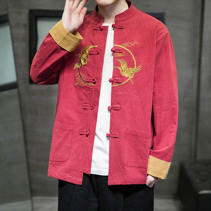 Giacca da uomo in cotone a maniche lunghe con bottoni a rana, ricamo Buddha Stones, motivo gru e tasche - Cremisi - US/UK/AU46, EU56 (5XL) - image 0