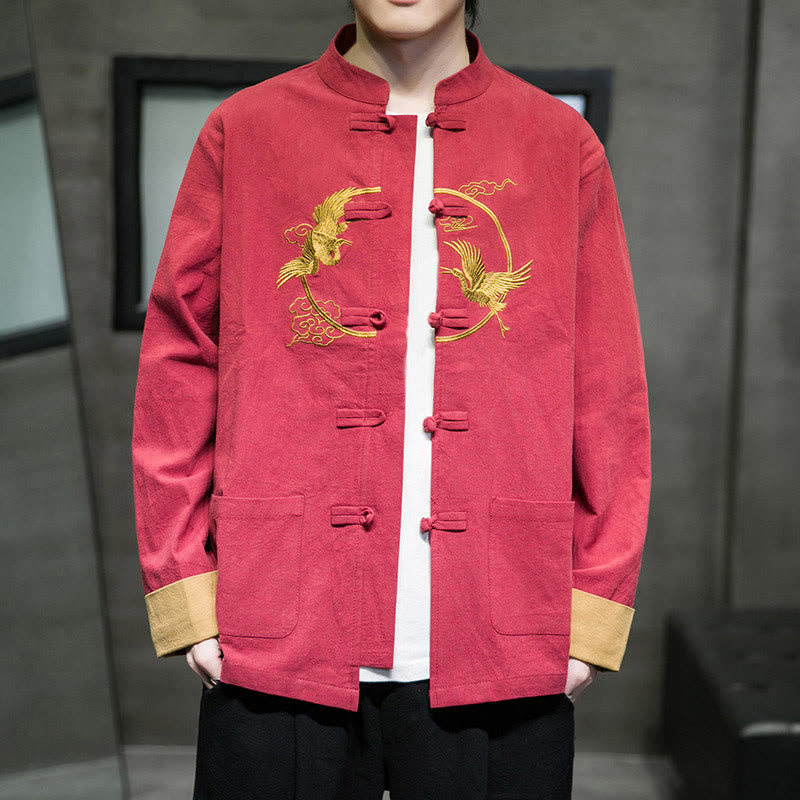 Giacca da uomo in cotone a maniche lunghe con bottoni a rana, ricamo Buddha Stones, motivo gru e tasche - image 3