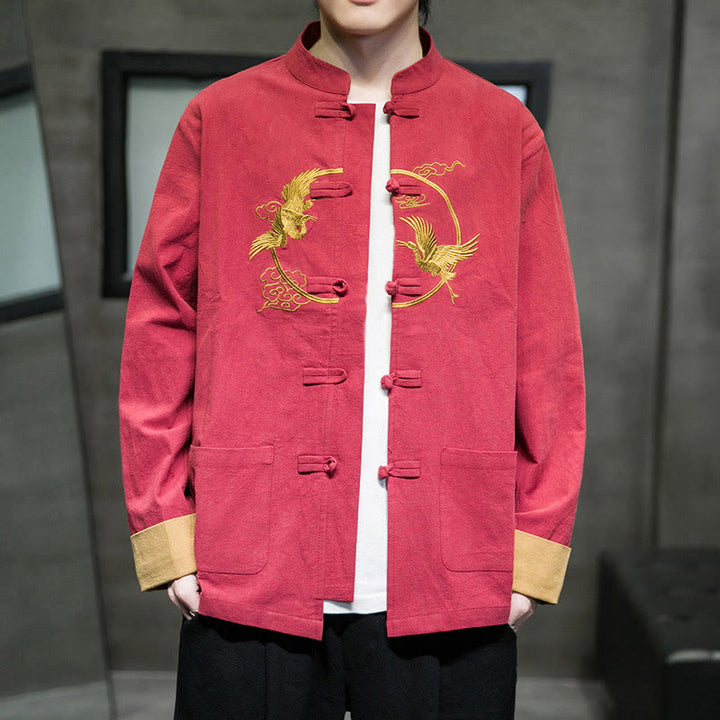 Giacca da uomo in cotone a maniche lunghe con bottoni a rana, ricamo Buddha Stones, motivo gru e tasche - image 3