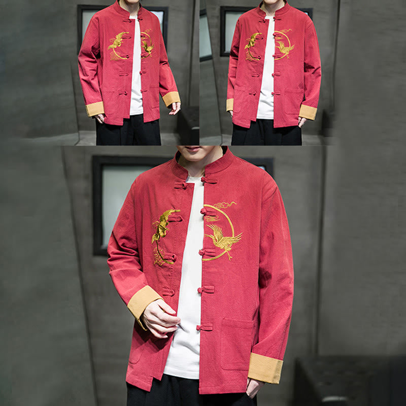 Giacca da uomo in cotone a maniche lunghe con bottoni a rana, ricamo Buddha Stones, motivo gru e tasche - image 6