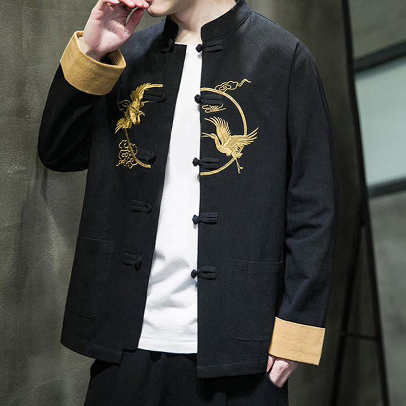 Giacca da uomo in cotone a maniche lunghe con bottoni a rana, ricamo Buddha Stones, motivo gru e tasche - image 24