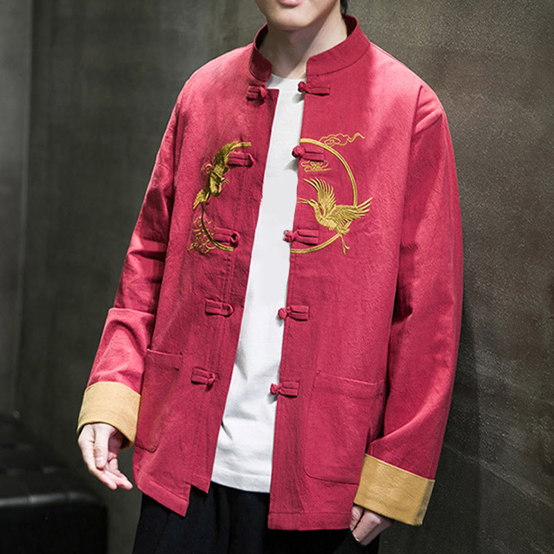 Giacca da uomo in cotone a maniche lunghe con bottoni a rana, ricamo Buddha Stones, motivo gru e tasche - image 5