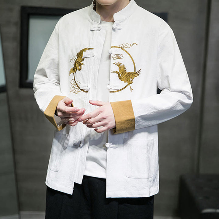 Giacca da uomo in cotone a maniche lunghe con bottoni a rana, ricamo Buddha Stones, motivo gru e tasche - image 13