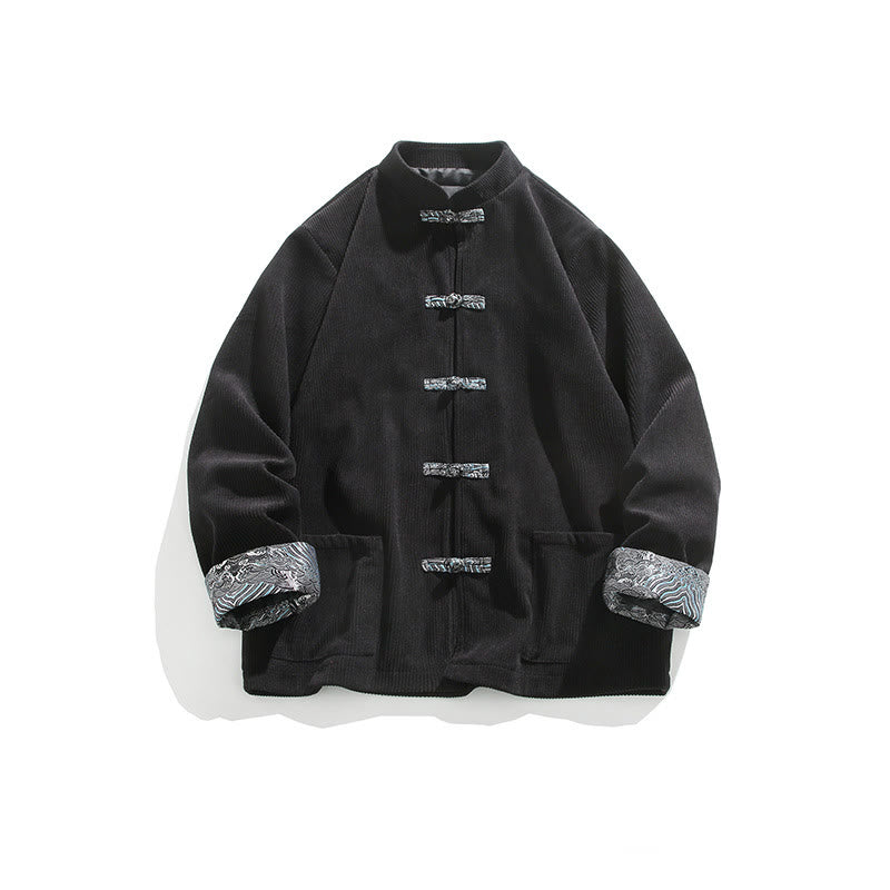 Giacca da uomo in velluto a coste di cotone con maniche lunghe, bottoni a rana e tasche , Buddha Stones Spring Jacquard - Nero - US/UK/AU46, EU56 (5XL) - image 10