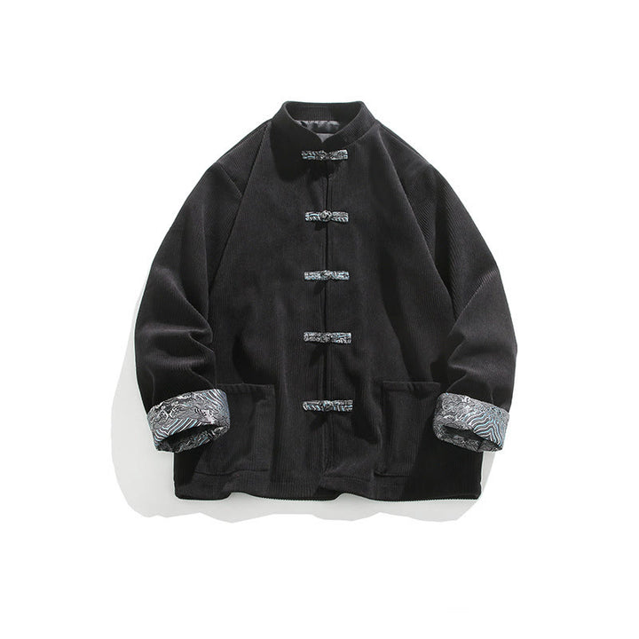 Giacca da uomo in velluto a coste di cotone con maniche lunghe, bottoni a rana e tasche , Buddha Stones Spring Jacquard - Nero - US/UK/AU46, EU56 (5XL) - image 10