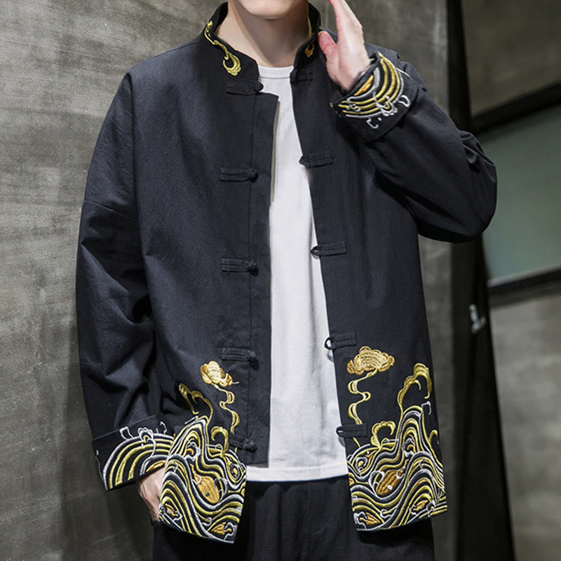 Giacca da uomo in cotone a maniche lunghe con bottoni a rana, Buddha Stones ricamate e nuvole - image 16