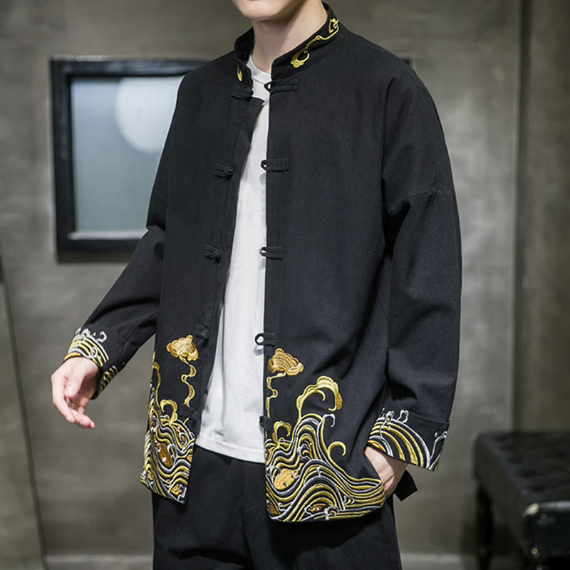 Giacca da uomo in cotone a maniche lunghe con bottoni a rana, Buddha Stones ricamate e nuvole - image 12