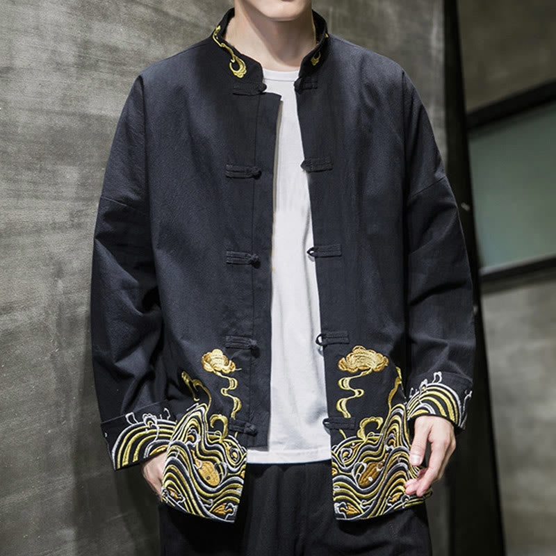 Giacca da uomo in cotone a maniche lunghe con bottoni a rana, Buddha Stones ricamate e nuvole - image 15