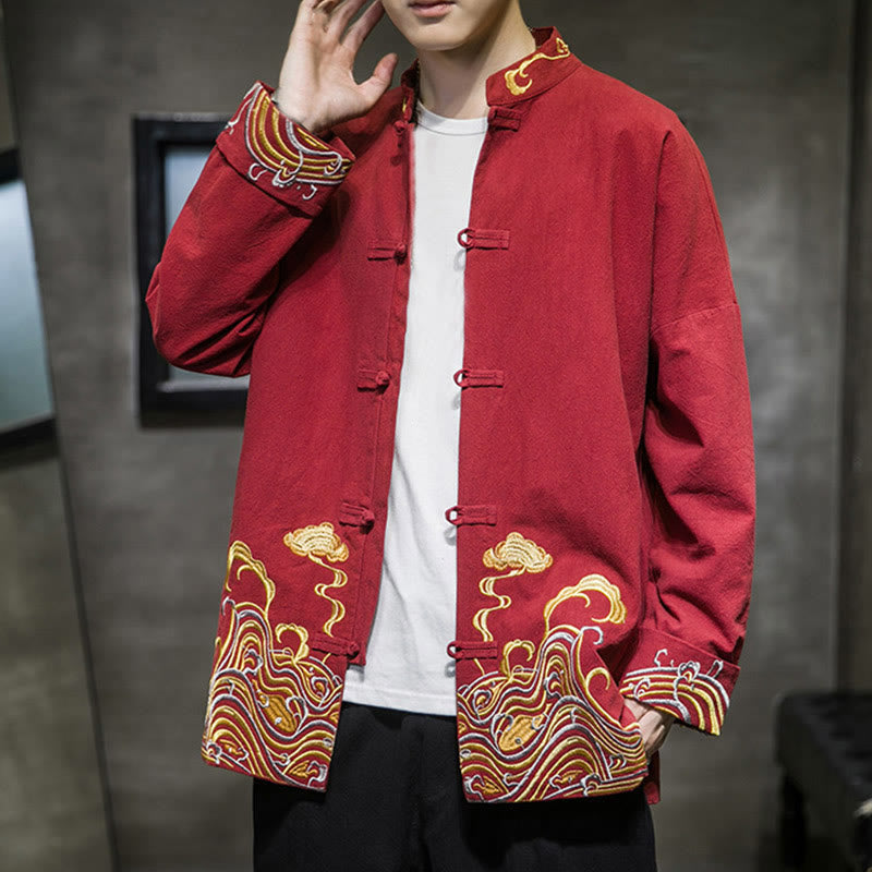 Giacca da uomo in cotone a maniche lunghe con bottoni a rana, Buddha Stones ricamate e nuvole - image 5