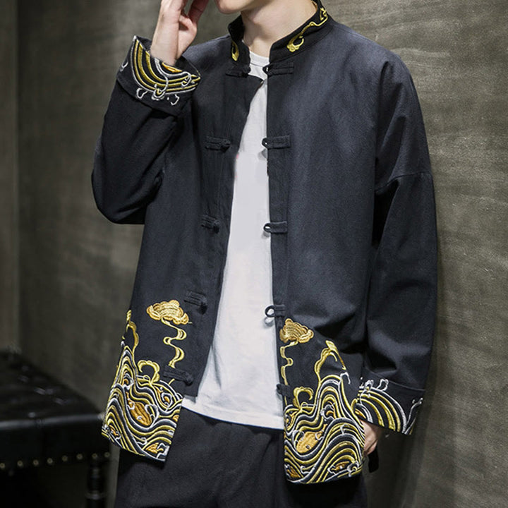 Giacca da uomo in cotone a maniche lunghe con bottoni a rana, Buddha Stones ricamate e nuvole - image 14