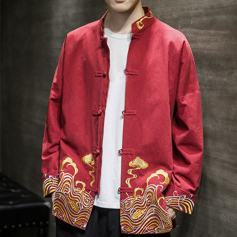 Giacca da uomo in cotone a maniche lunghe con bottoni a rana, Buddha Stones ricamate e nuvole - image 6