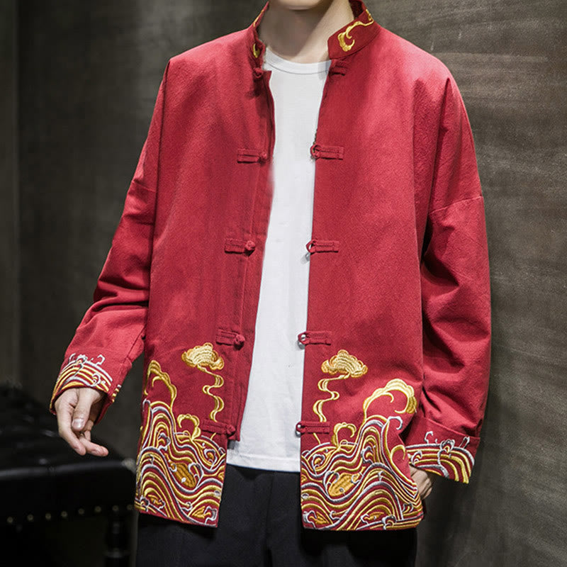 Giacca da uomo in cotone a maniche lunghe con bottoni a rana, Buddha Stones ricamate e nuvole - image 7