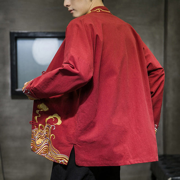 Giacca da uomo in cotone a maniche lunghe con bottoni a rana, Buddha Stones ricamate e nuvole - image 2