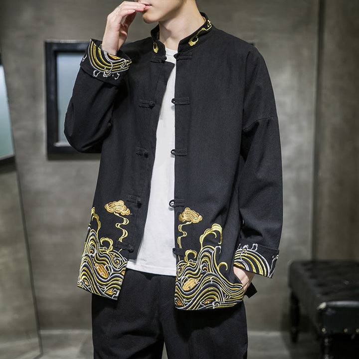 Giacca da uomo in cotone a maniche lunghe con bottoni a rana, Buddha Stones ricamate e nuvole - image 10