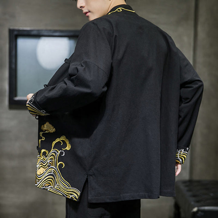 Giacca da uomo in cotone a maniche lunghe con bottoni a rana, Buddha Stones ricamate e nuvole - image 13