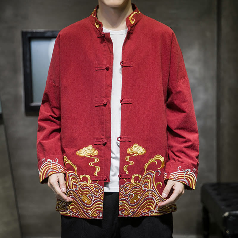 Giacca da uomo in cotone a maniche lunghe con bottoni a rana, Buddha Stones ricamate e nuvole - image 3