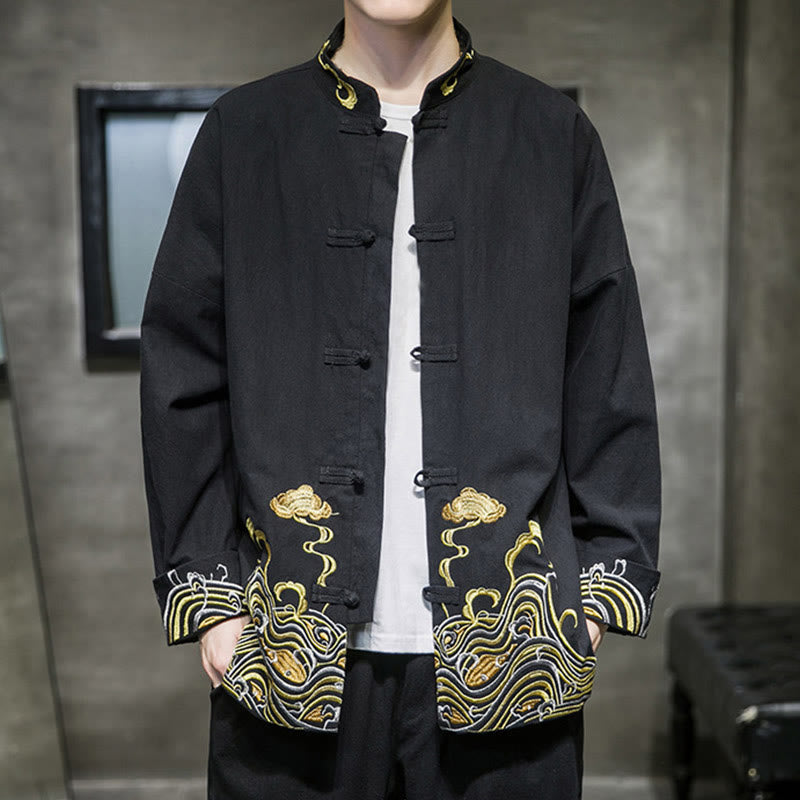 Giacca da uomo in cotone a maniche lunghe con bottoni a rana, Buddha Stones ricamate e nuvole - image 11