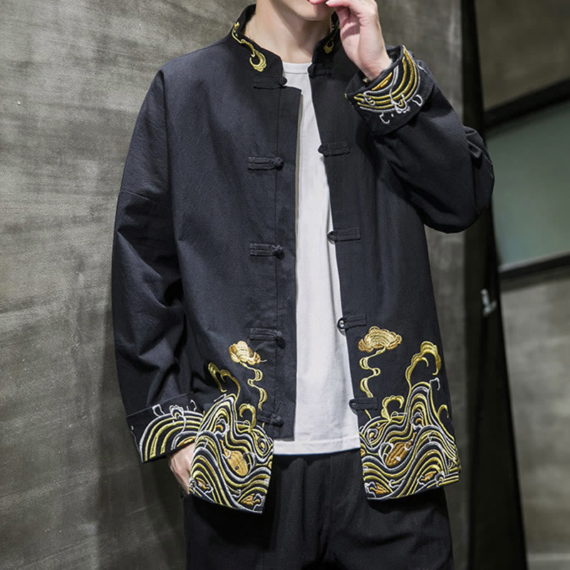 Giacca da uomo in cotone a maniche lunghe con bottoni a rana, Buddha Stones ricamate e nuvole - image 17