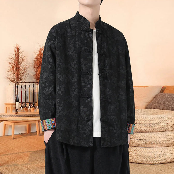 Giacca da uomo in velluto a coste di cotone con motivo a fiori di prugna, maniche lunghe, motivo Buddha Stones - Nero - US/UK/AU46, EU56 (5XL) - image 4